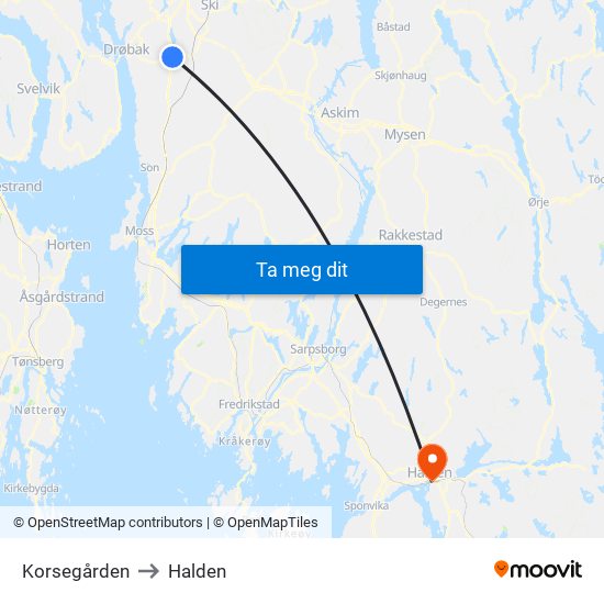 Korsegården to Halden map