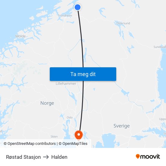 Røstad Stasjon to Halden map