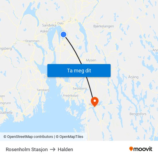 Rosenholm Stasjon to Halden map