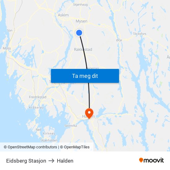 Eidsberg Stasjon to Halden map