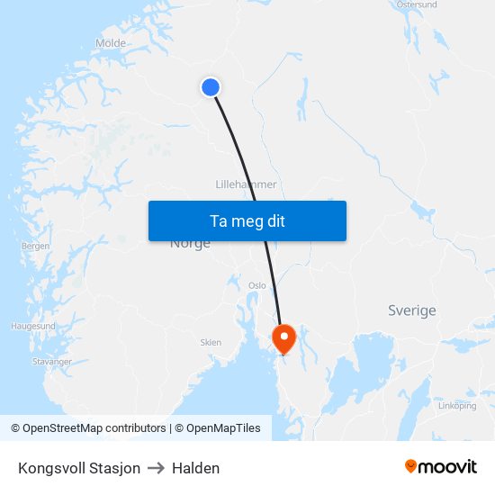Kongsvoll Stasjon to Halden map