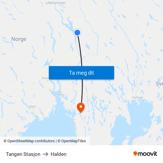 Tangen Stasjon to Halden map