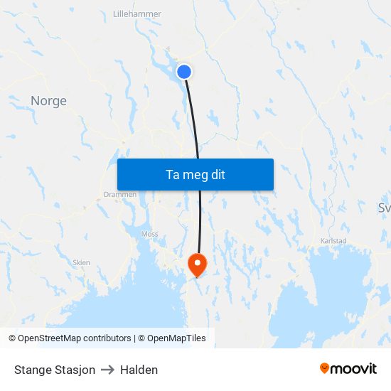 Stange Stasjon to Halden map
