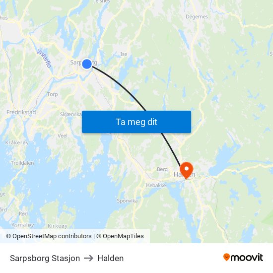 Sarpsborg Stasjon to Halden map