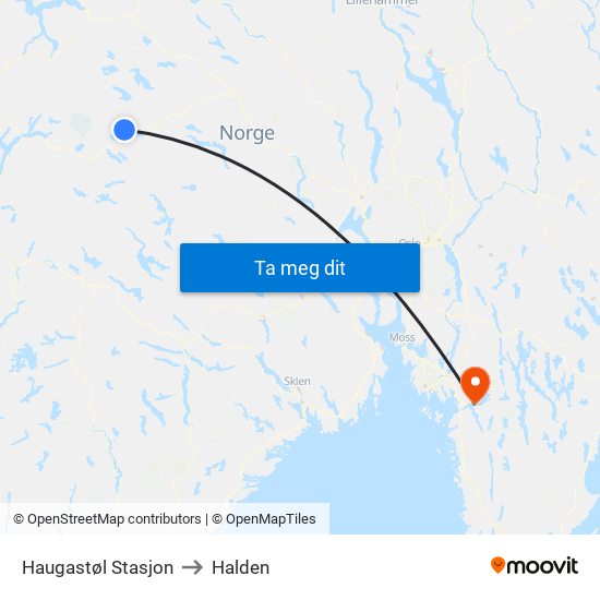 Haugastøl Stasjon to Halden map