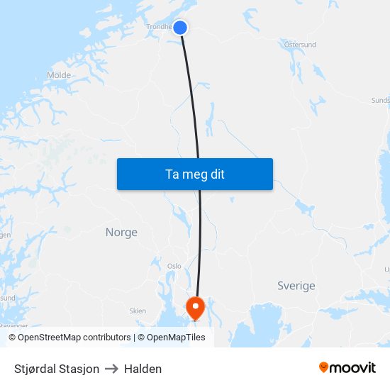 Stjørdal Stasjon to Halden map