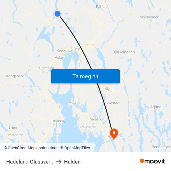 Hadeland Glassverk to Halden map