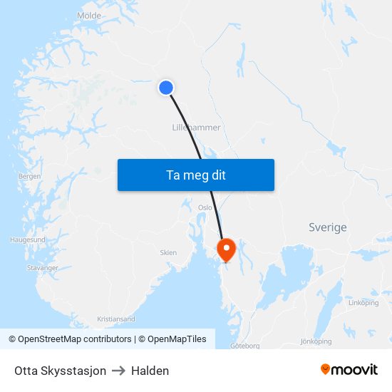 Otta Skysstasjon to Halden map