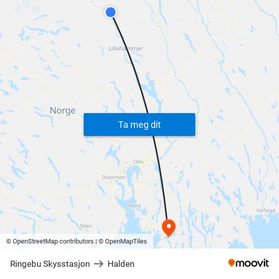 Ringebu Skysstasjon to Halden map