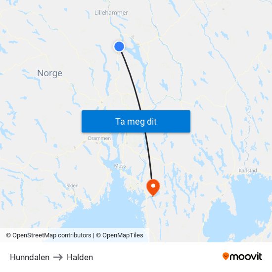 Hunndalen to Halden map