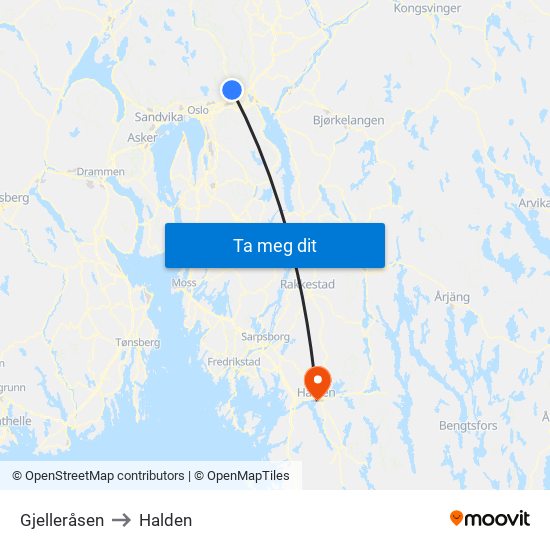 Gjelleråsen to Halden map