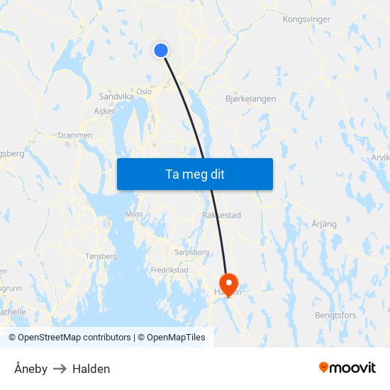 Åneby to Halden map
