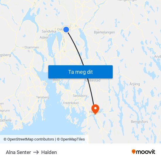 Alna Senter to Halden map