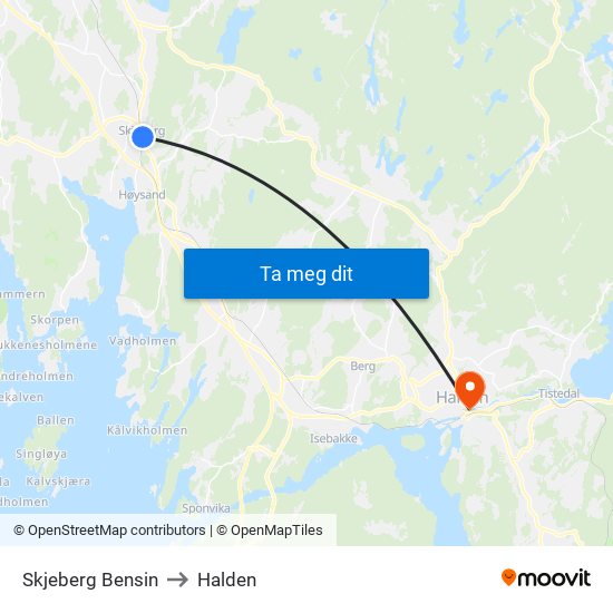 Skjeberg Bensin to Halden map