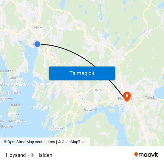 Høysand to Halden map