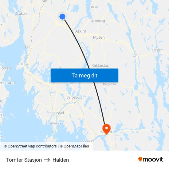 Tomter Stasjon to Halden map