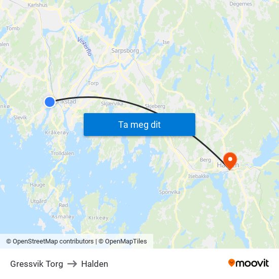 Gressvik Torg to Halden map