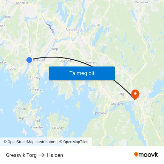 Gressvik Torg to Halden map