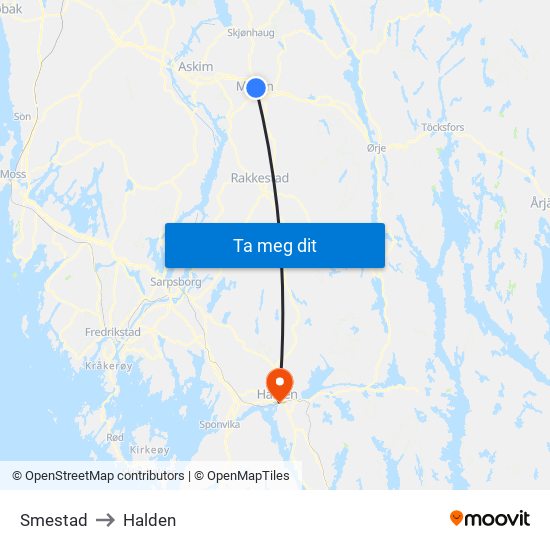 Smestad to Halden map