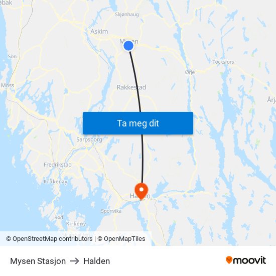 Mysen Stasjon to Halden map