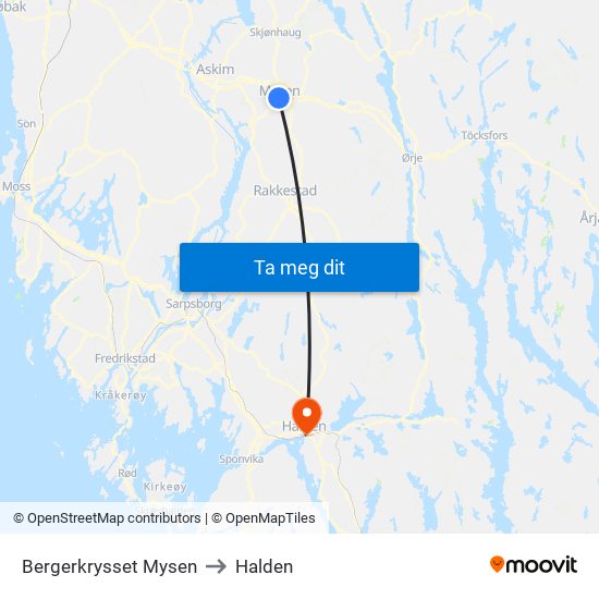 Bergerkrysset Mysen to Halden map