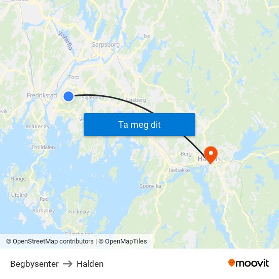 Begbysenter to Halden map