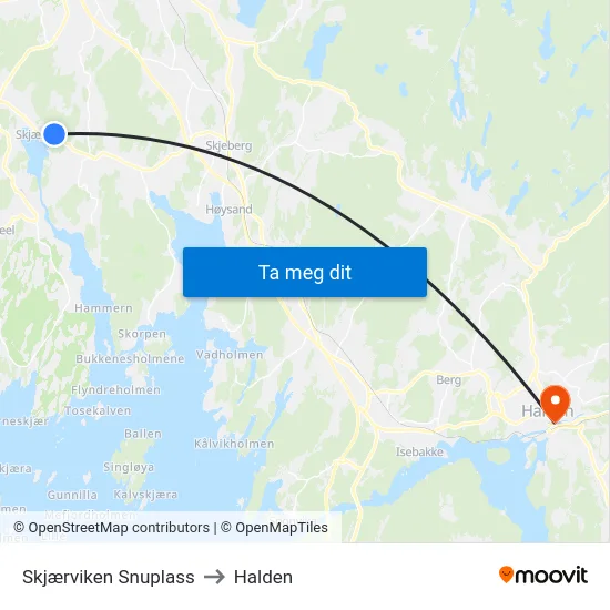 Skjærviken Snuplass to Halden map