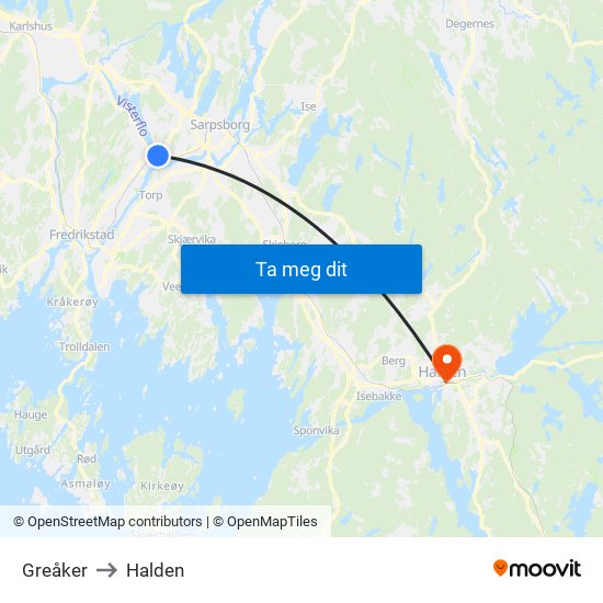 Greåker to Halden map