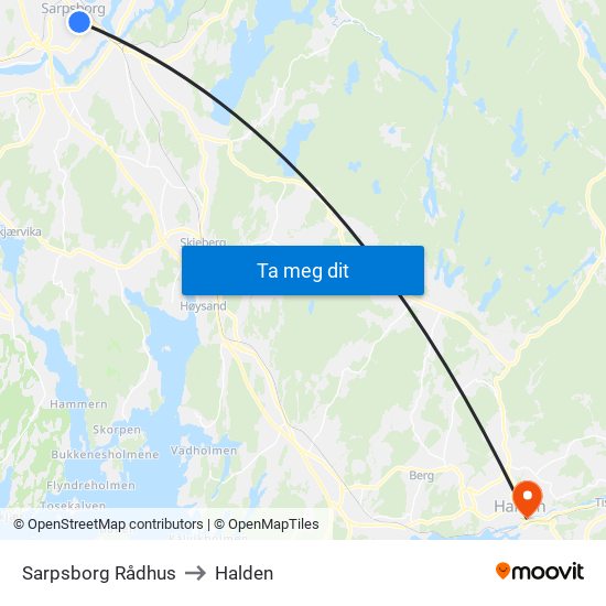 Sarpsborg Rådhus to Halden map