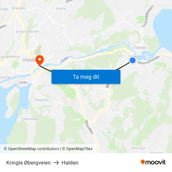 Kringla Øbergveien to Halden map