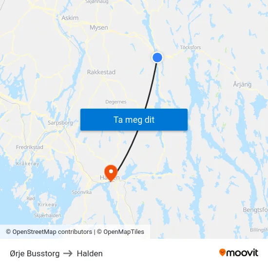 Ørje Busstorg to Halden map
