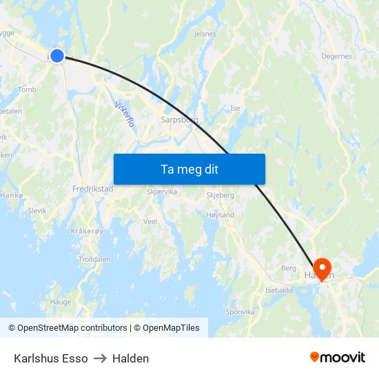 Karlshus Esso to Halden map