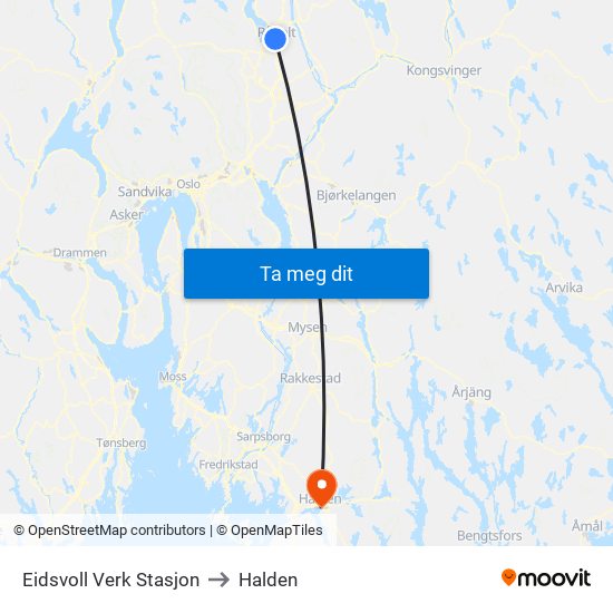 Eidsvoll Verk Stasjon to Halden map