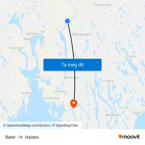 Bøler to Halden map