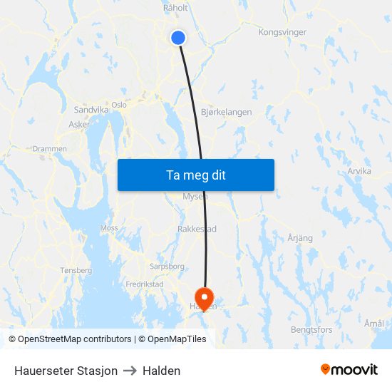 Hauerseter Stasjon to Halden map