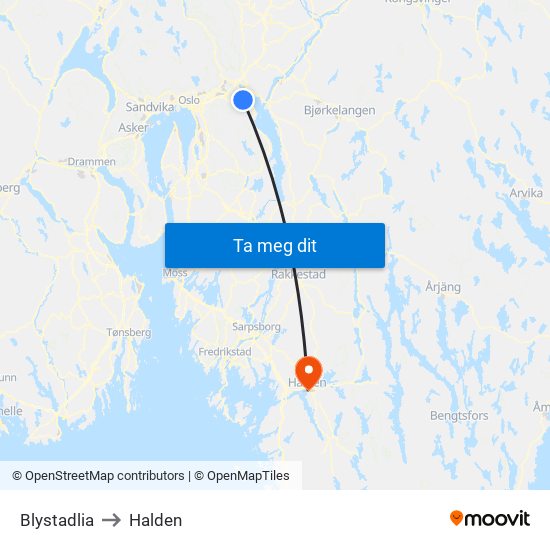 Blystadlia to Halden map