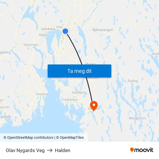 Olav Nygards Veg to Halden map