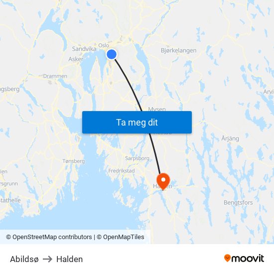 Abildsø to Halden map