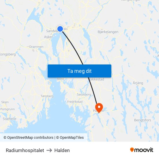 Radiumhospitalet to Halden map