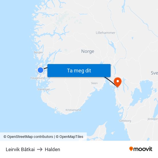 Leirvik Båtkai to Halden map