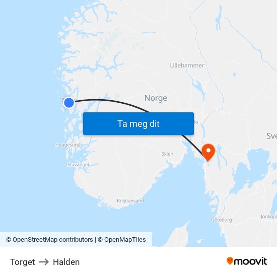 Torget to Halden map