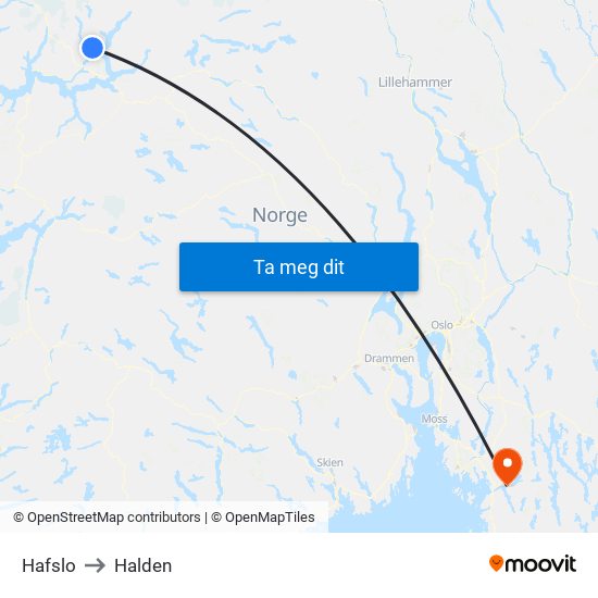 Hafslo to Halden map