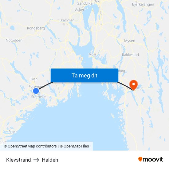 Klevstrand to Halden map