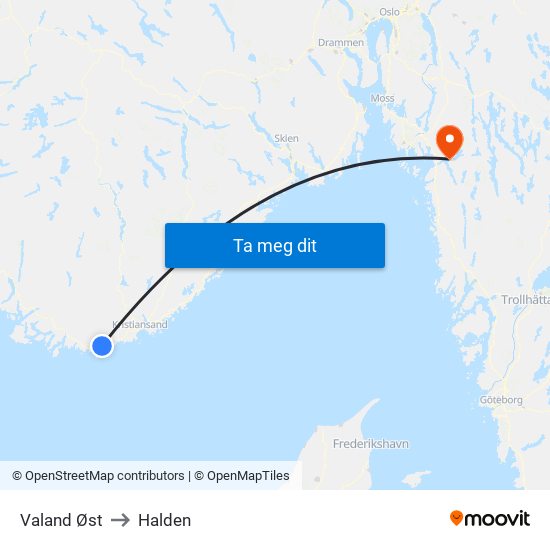 Valand Øst to Halden map