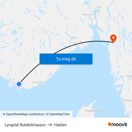 Lyngdal Rutebilstasjon to Halden map