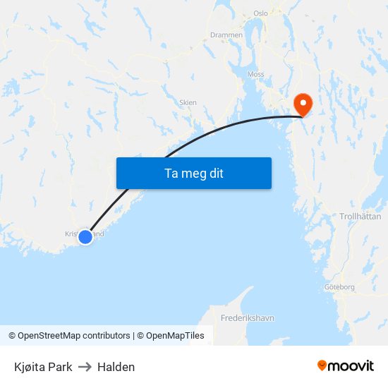 Kjøita Park to Halden map