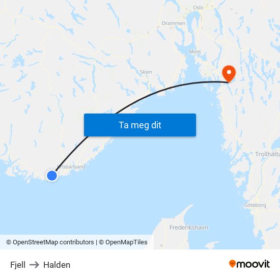 Fjell to Halden map