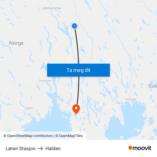 Løten Stasjon to Halden map