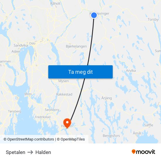 Spetalen to Halden map