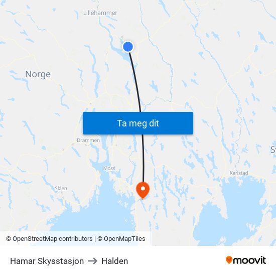 Hamar Skysstasjon to Halden map